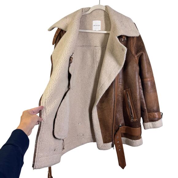 AVEC LES FILLES Coat Large Faux Leather Shearling Moto Jacket Notched Collar - Picture 4 of 15
